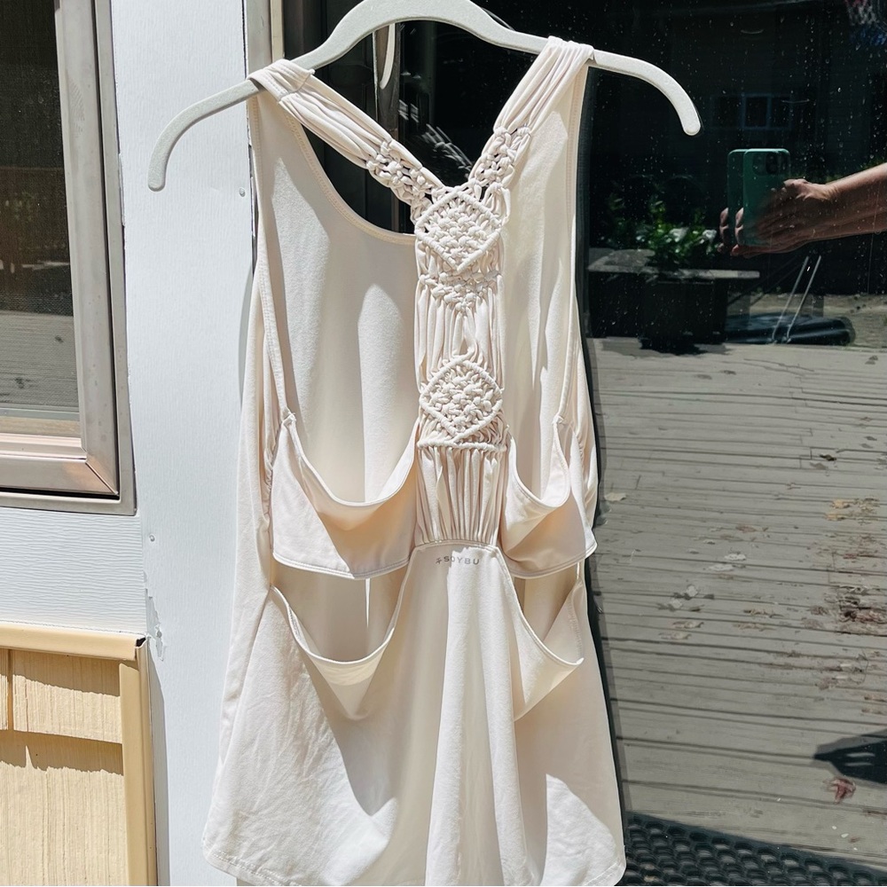 Soybu yoga / exercise tank, cream with pretty decorative macrame down the back